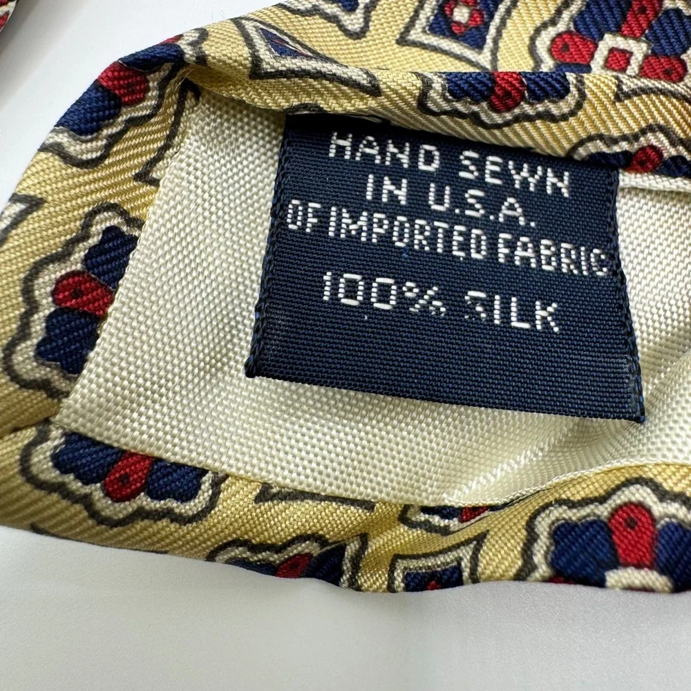 Lands End Mens Silk Tie Yellow Red‎ Navy Blue Geometric Medallion USA Necktie